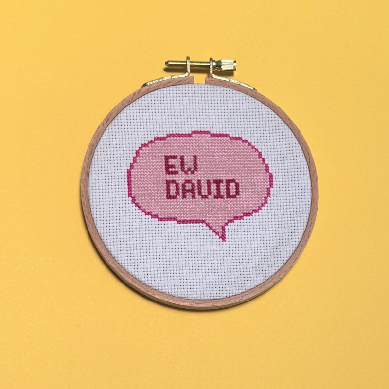 Embroidery hoop with 'EW DAVID' text on a yellow background